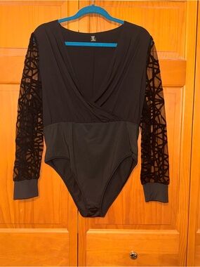 SHEIN Black Long Sleeve Mesh Sleeve Wrap Bodysuit